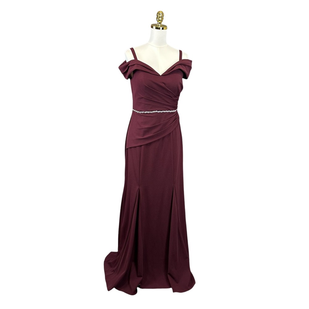 Oleg Cassini Wine Burgundy Off Shoulder Rhinestone Waist Evening Gown Dress‎ 8 - Picture 2 of 9